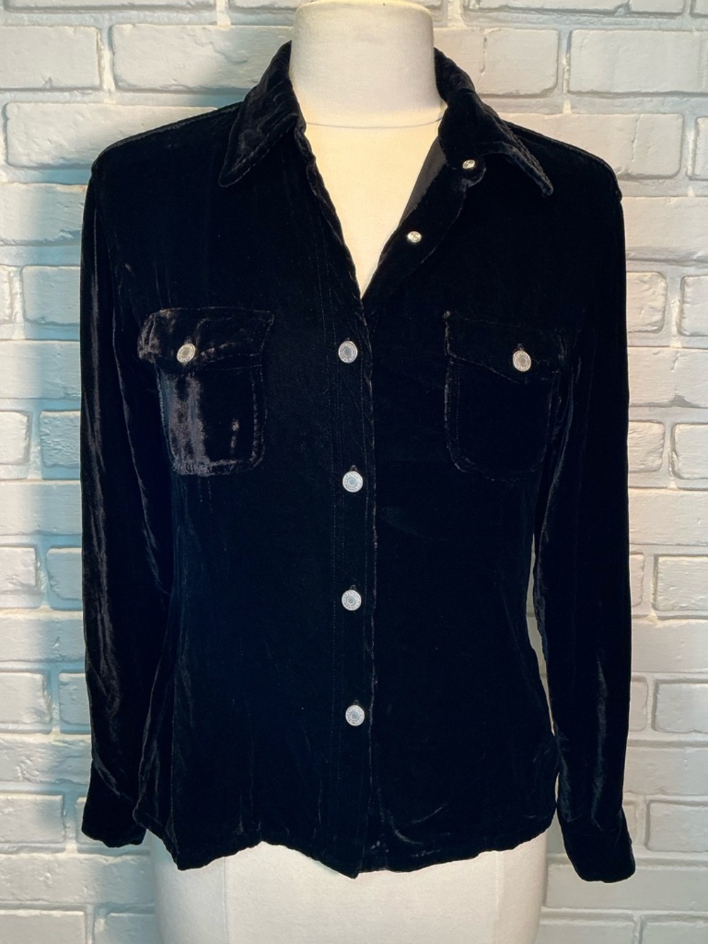 Vintage GAP Black Velvet Button Down Shirt Size Small Silk Blend